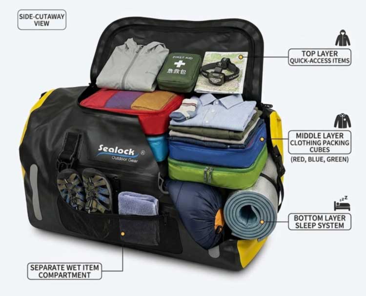 60L জলরোধী Duffel ব্যাগ প্যাকিং ক্ষমতা এবং আউটডোর অ্যাপ্লিকেশন
