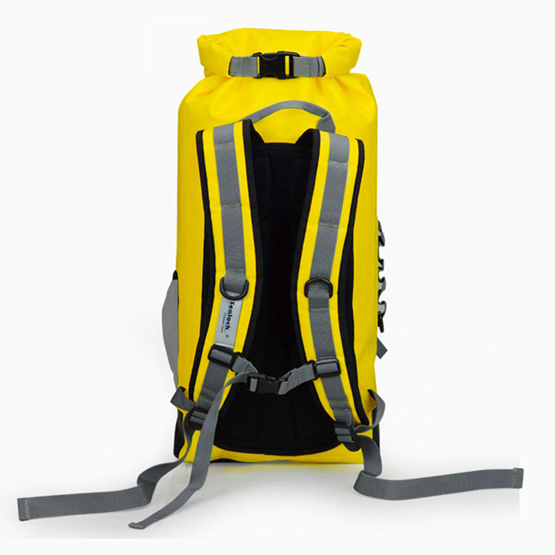  padded harness with waist belt and mesh back on waterproof backpack