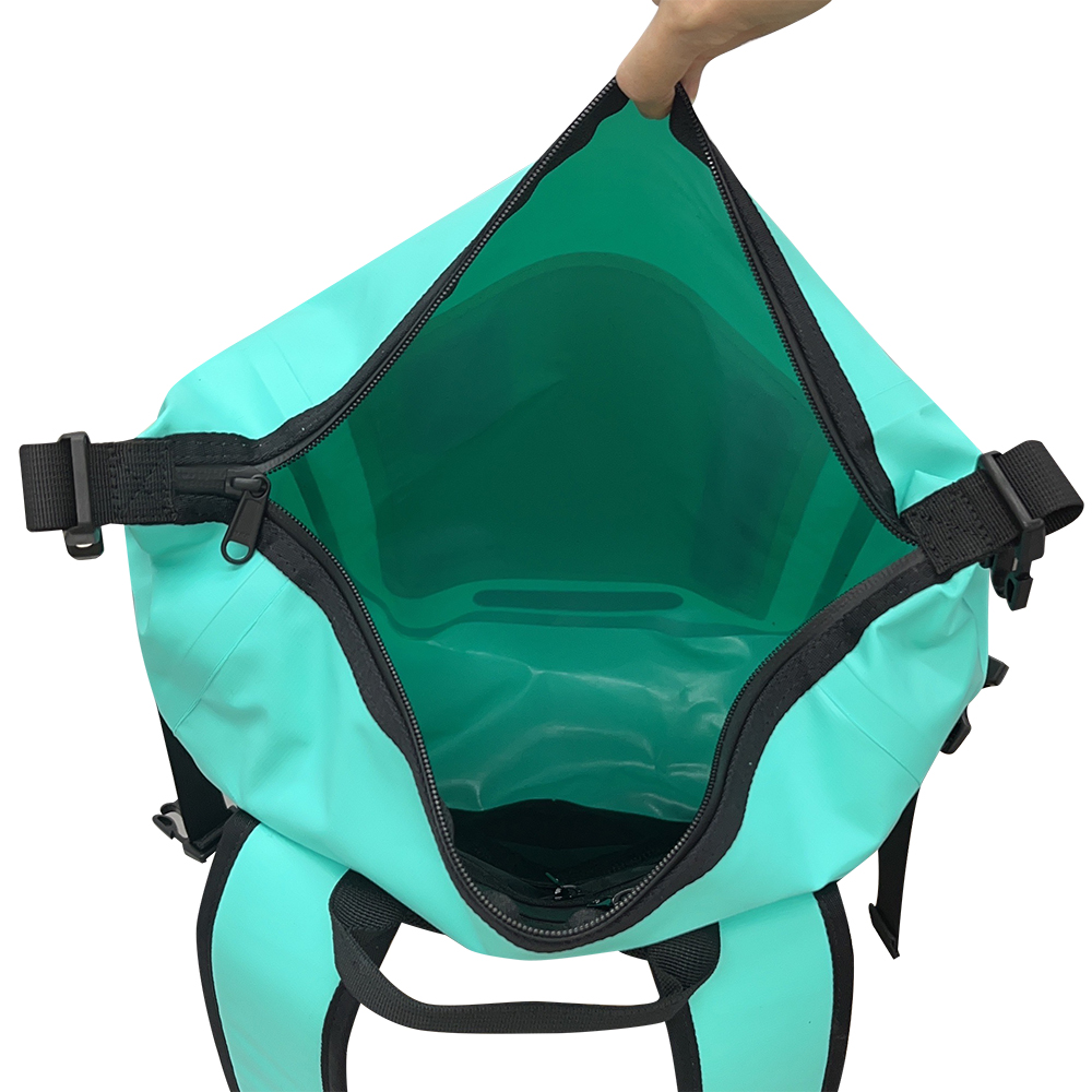 waterproof backpack opened flat showing seamless welded interior